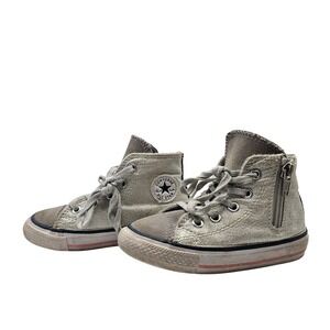 Converse All Star Toddler High Top Sneakers Silver Glitter Lace Up Zip Shoes 7
